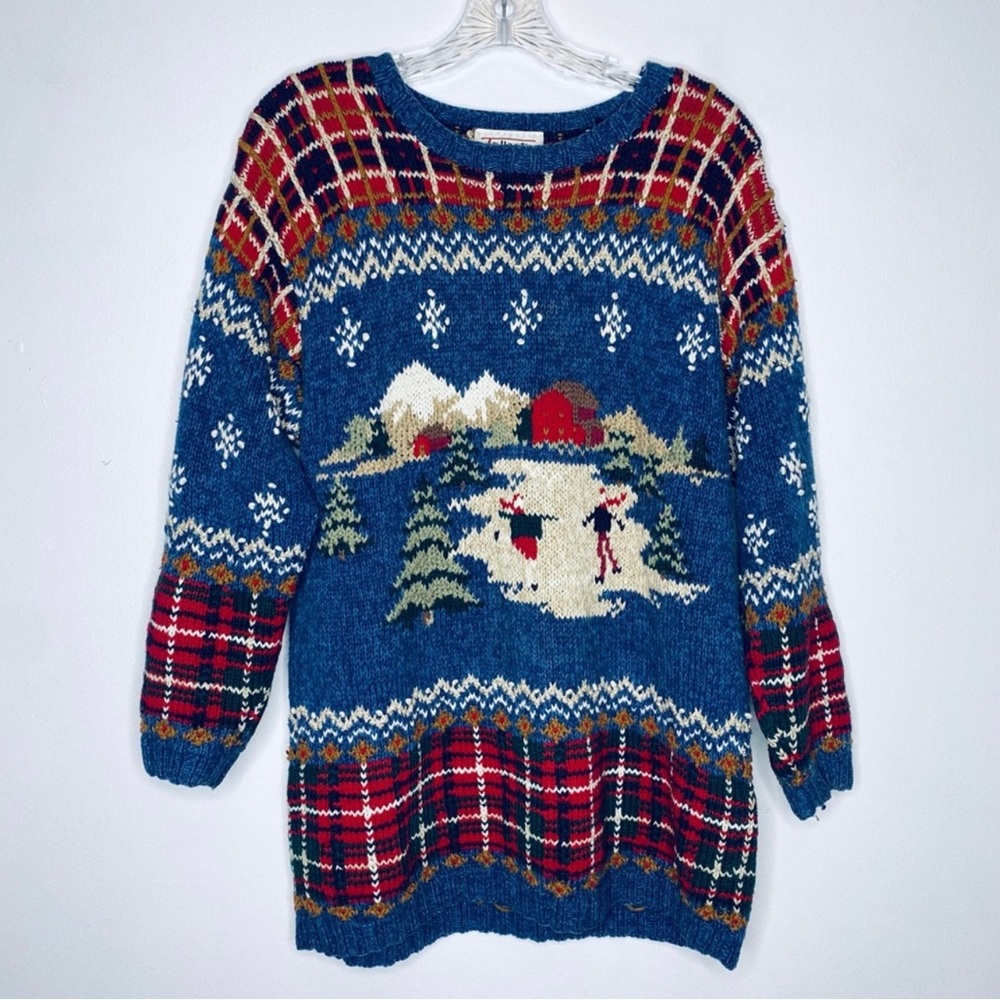 S Vintage knitted Talbots Ice Skater Holiday Christmas Winter plaid sweater - Picture 1 of 12